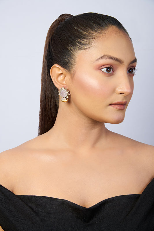 Oxidized Silver & Gold Tone Stud Earrings with Carved Pink Stone and Metallic Drop