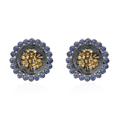 Dual-Tone Oxidized Silver Stud Earrings with Blue Stones & Gold Floral Design