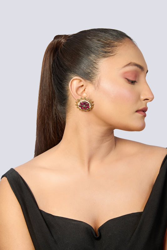 Oxidized Silver & Gold Tone Floral Stud Earrings with Magenta Stones and Pearl Border