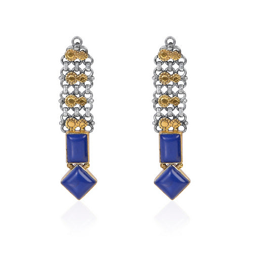 Dual-Tone Oxidized Silver & Gold Link Dangle Earrings with Blue Stones
