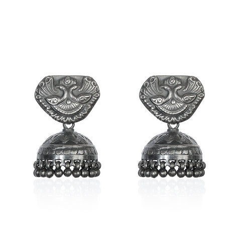Oxidized Silver Peacock Jhumka Earrings with Metallic Bead Drops