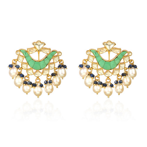 Green and Yellow Meenakari Ethnic Drop Earrings with Pearl and Blue Bead Drops