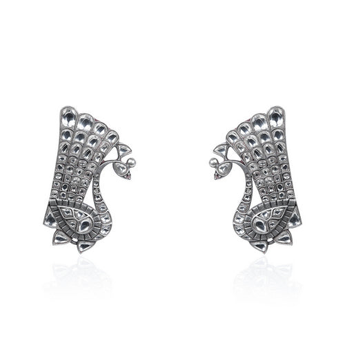 Peacock Glory Stud Earrings in Oxidised Silver