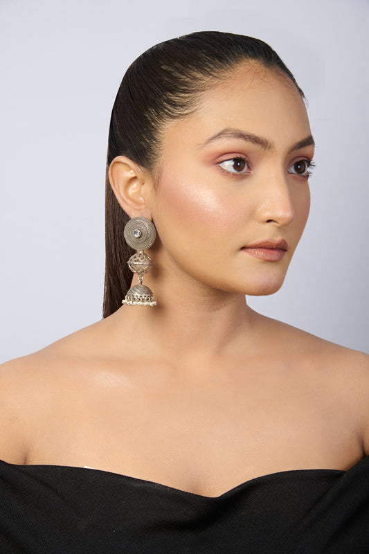 Oxidized Silver Jhumka Earrings with Pearl Drops