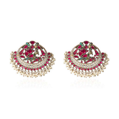 Ethnic Half-Moon Earrings with Ruby/Garnet Accents