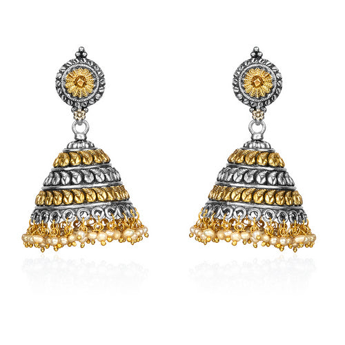 Traditional Dual-Tone Jhumka Earrings with Pearl Drops