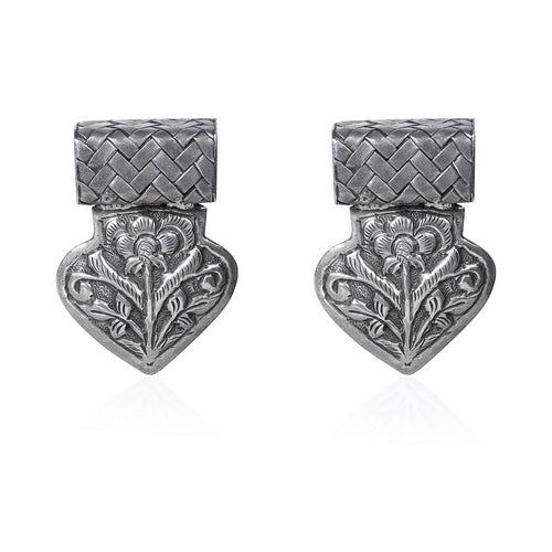 Oxidized Silver Woven Top Heart-Shaped Stud Earrings