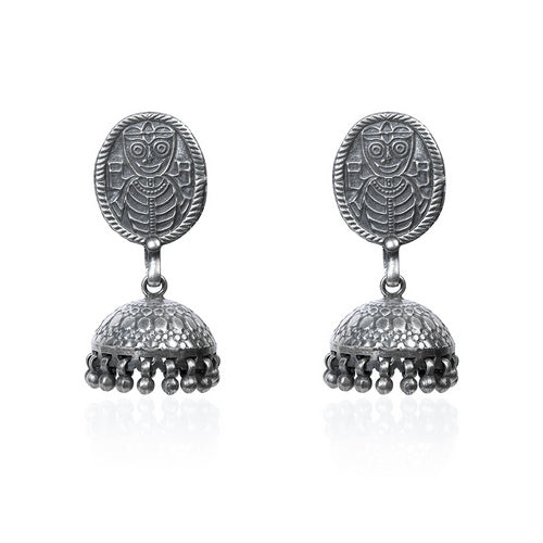 Oxidized Silver Tribal Mask Jhumka Earrings