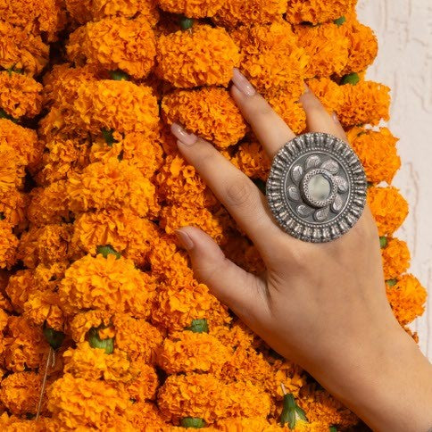 925 Silver Oxidized Mirror Paisley Statement Ring