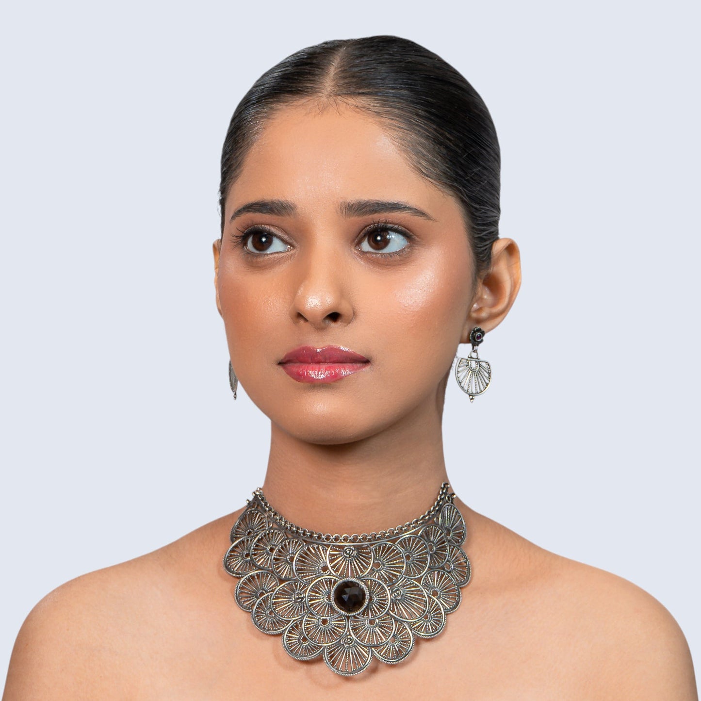 Floral Filigree Choker 925 silver with Black Stone Necklace