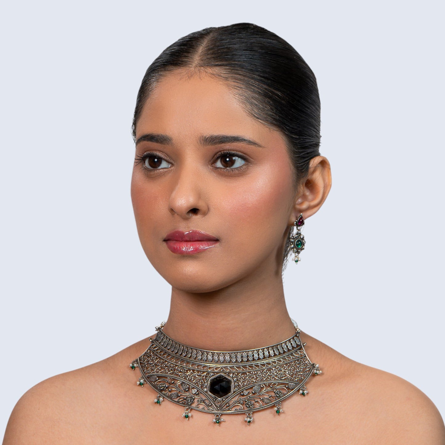 Black Spinel Floral 925 silver Filigree Choker Set