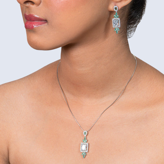 Emerald CZ Drop 925 silver Minimal Necklace Set