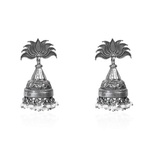 Oxidized Silver Lotus Jhumka Earrings with Pearl Drops