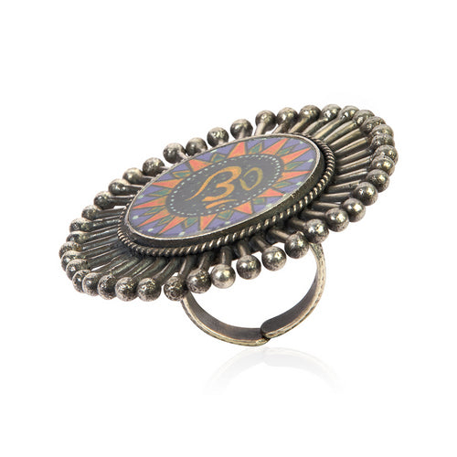Oxidized Silver Adjustable Ring with Om Symbol and Colorful Enamel