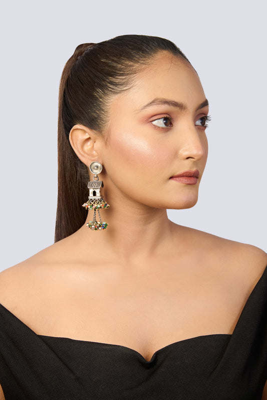 Oxidized Silver Tower Dangle Earrings with Multicolor Bead Drops