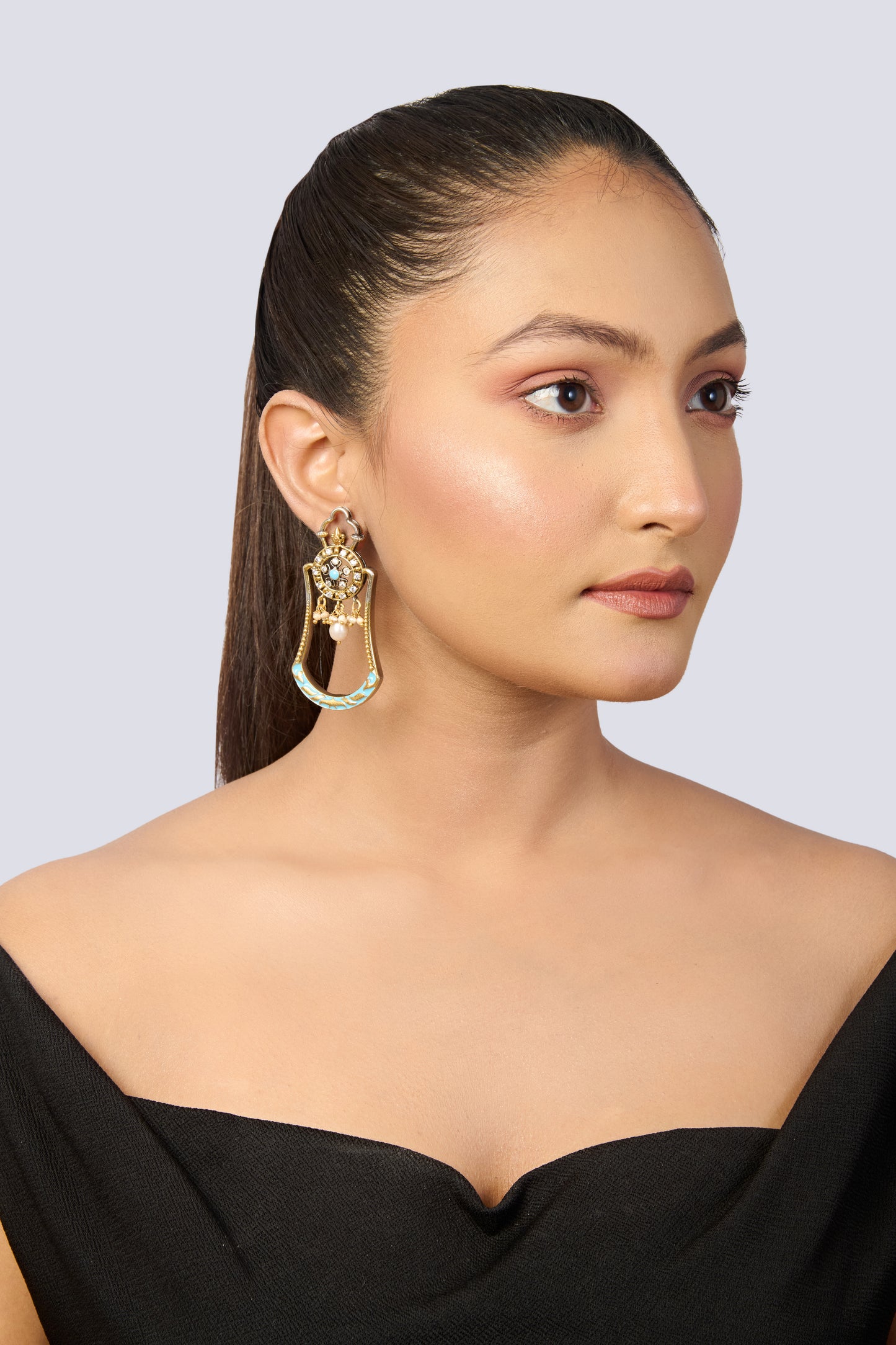 Traditional Indian Style Gemstone & Pearl Drop Earrings with Meenakari Work