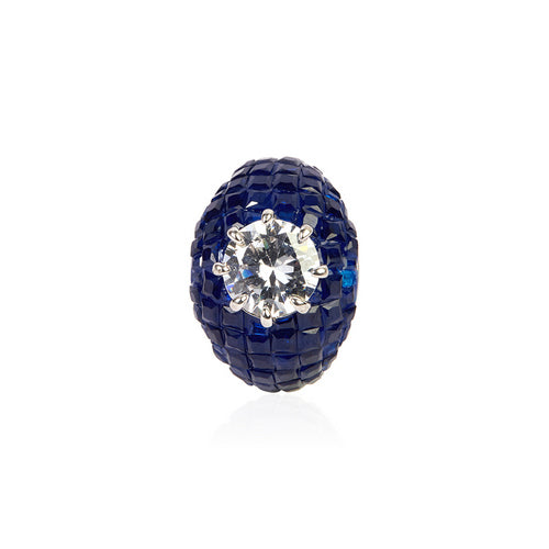Silver-Toned Adjustable Ring with Large White CZ and Pave Blue Sapphires