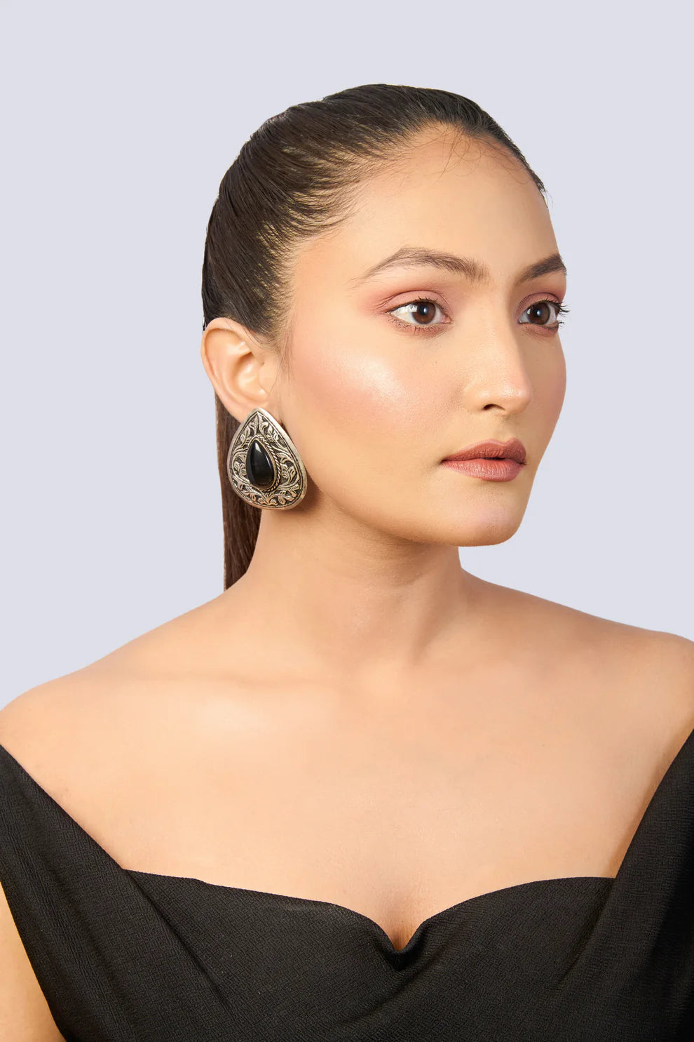 Oxidized Silver Teardrop Stud Earrings with Black Onyx Stone