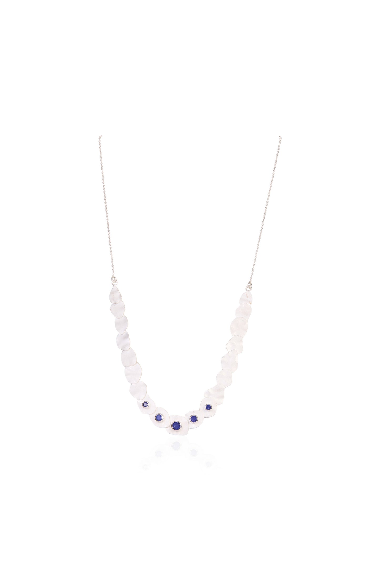 Delicate Silver Necklace with Shell Leaf Shapes and Round Blue Topaz Stones