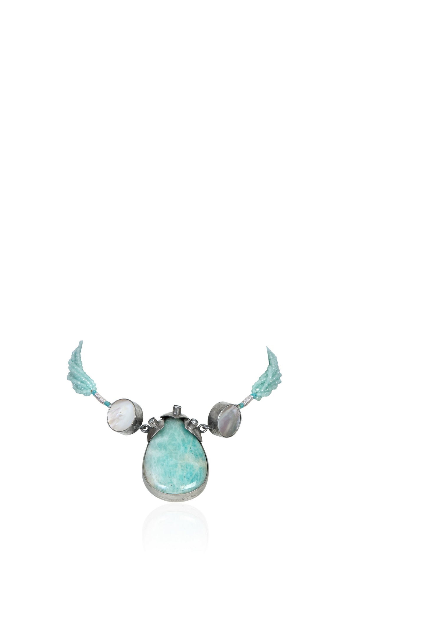 Silver Tone Necklace with Teardrop Amazonite Pendant, Carved Blue-Green Elements, and Moonstones