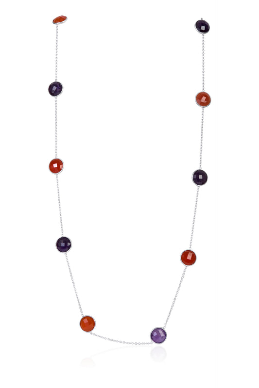 Silver Plated Station Necklace with Amethyst and Citrine Gemstones