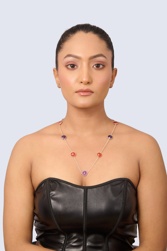 Silver Plated Station Necklace with Amethyst and Citrine Gemstones