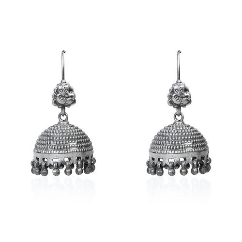 Oxidized Silver Floral Stud Jhumka Earrings with White Stone and Pearl Drops