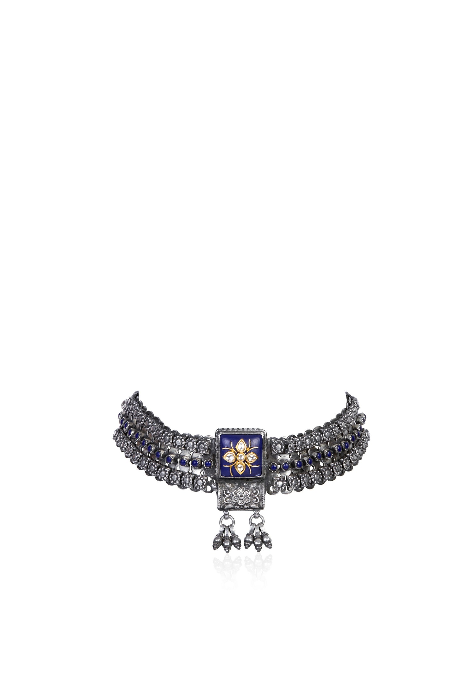 Silver Tone Choker with Blue Enamel Gold Floral Motif and White Gem Accents