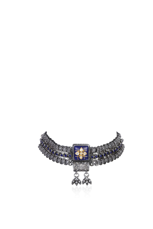Silver Tone Choker with Blue Enamel Gold Floral Motif and White Gem Accents
