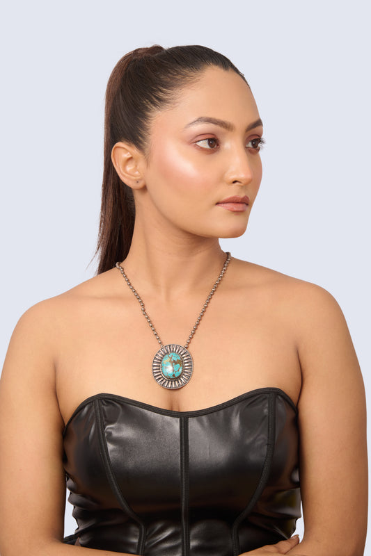 Sterling Silver Necklace with Oval Turquoise Sunburst Pendant