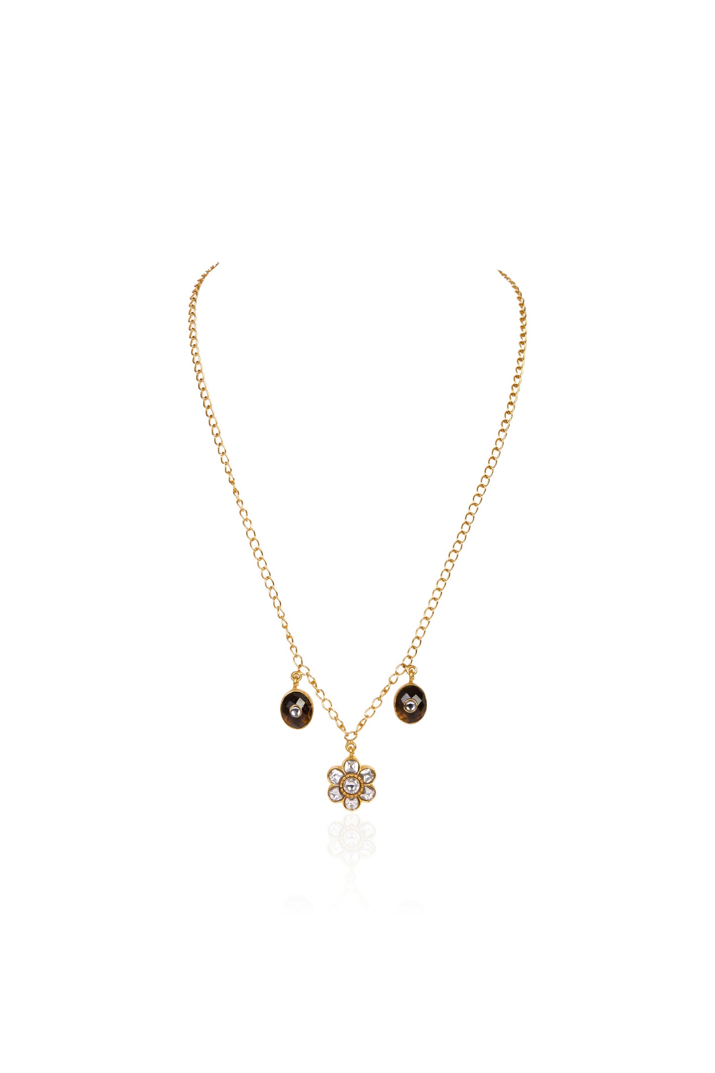 Silver Tone Necklace with Cubic Zirconia Flower Pendant and Round Dark Charms with White Accents