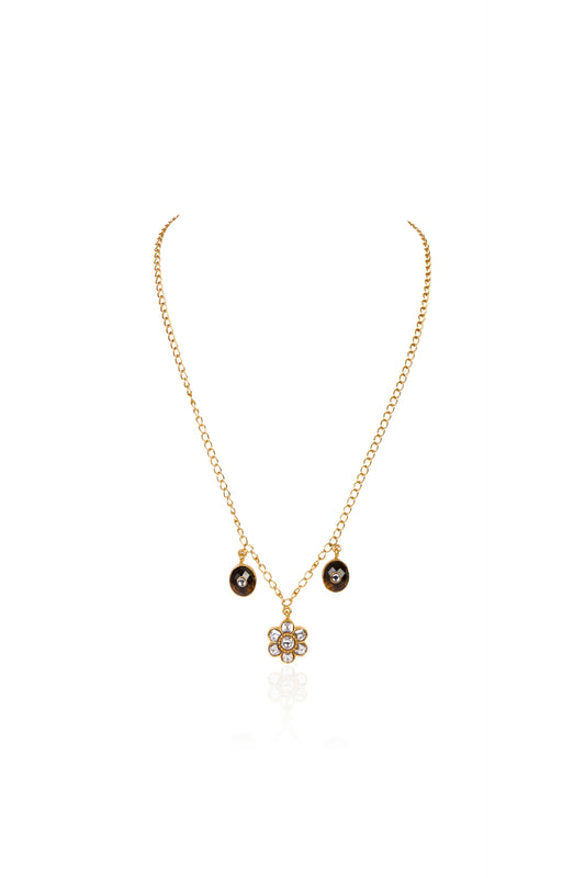 Silver Tone Necklace with Cubic Zirconia Flower Pendant and Round Dark Charms with White Accents