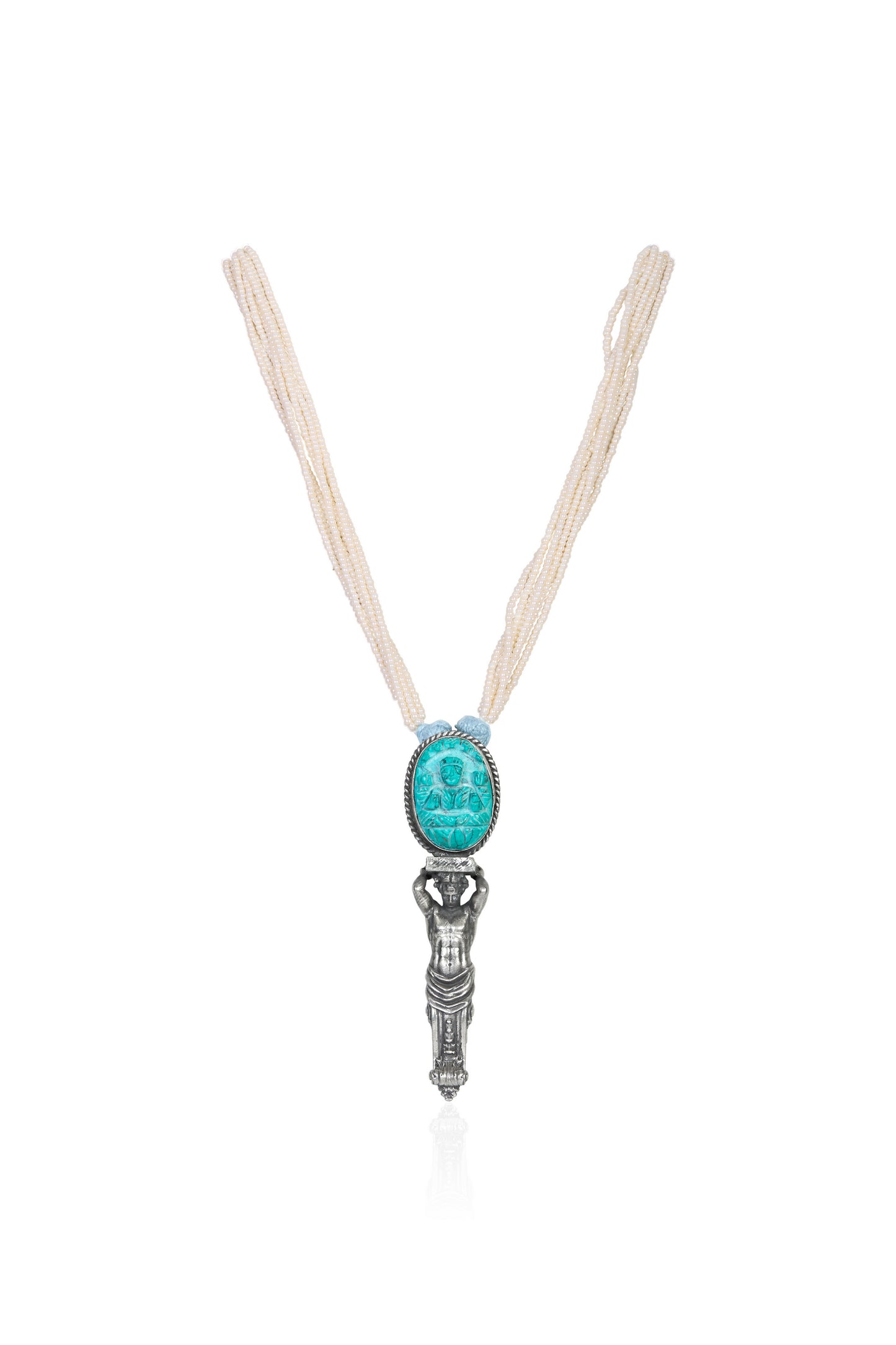 Silver Tone Necklace with Carved Turquoise Pendant, Pearl Strands, and Light Blue Gem Accents