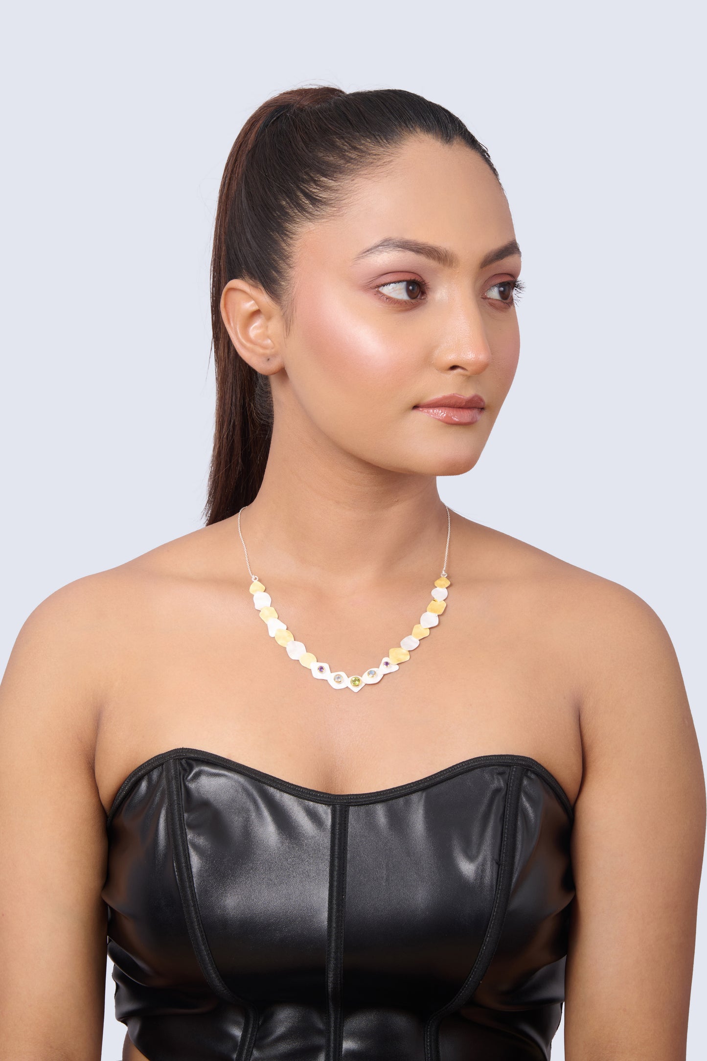 Sterling Silver Necklace with Irregular Yellow and White Stones and Pastel Gem Accents