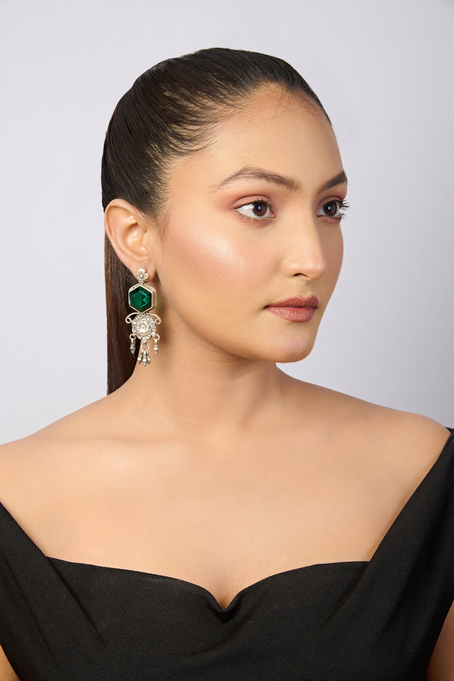Oxidized Silver Dangle Earrings with Hexagonal Emerald and Silver Charms