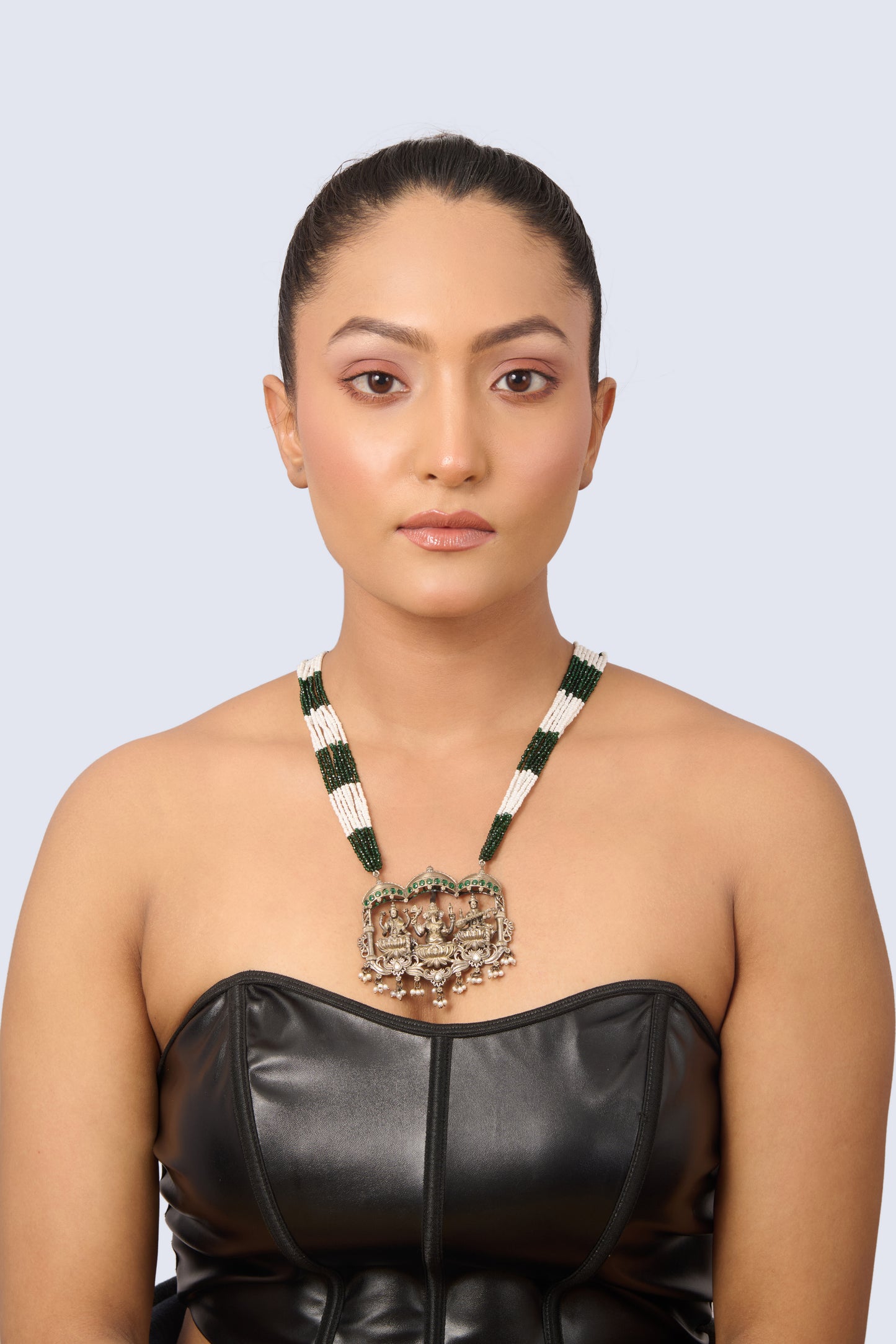 Silver Tone Lakshmi Ganesha Saraswati Necklace with Green Onyx and Pearl Beads