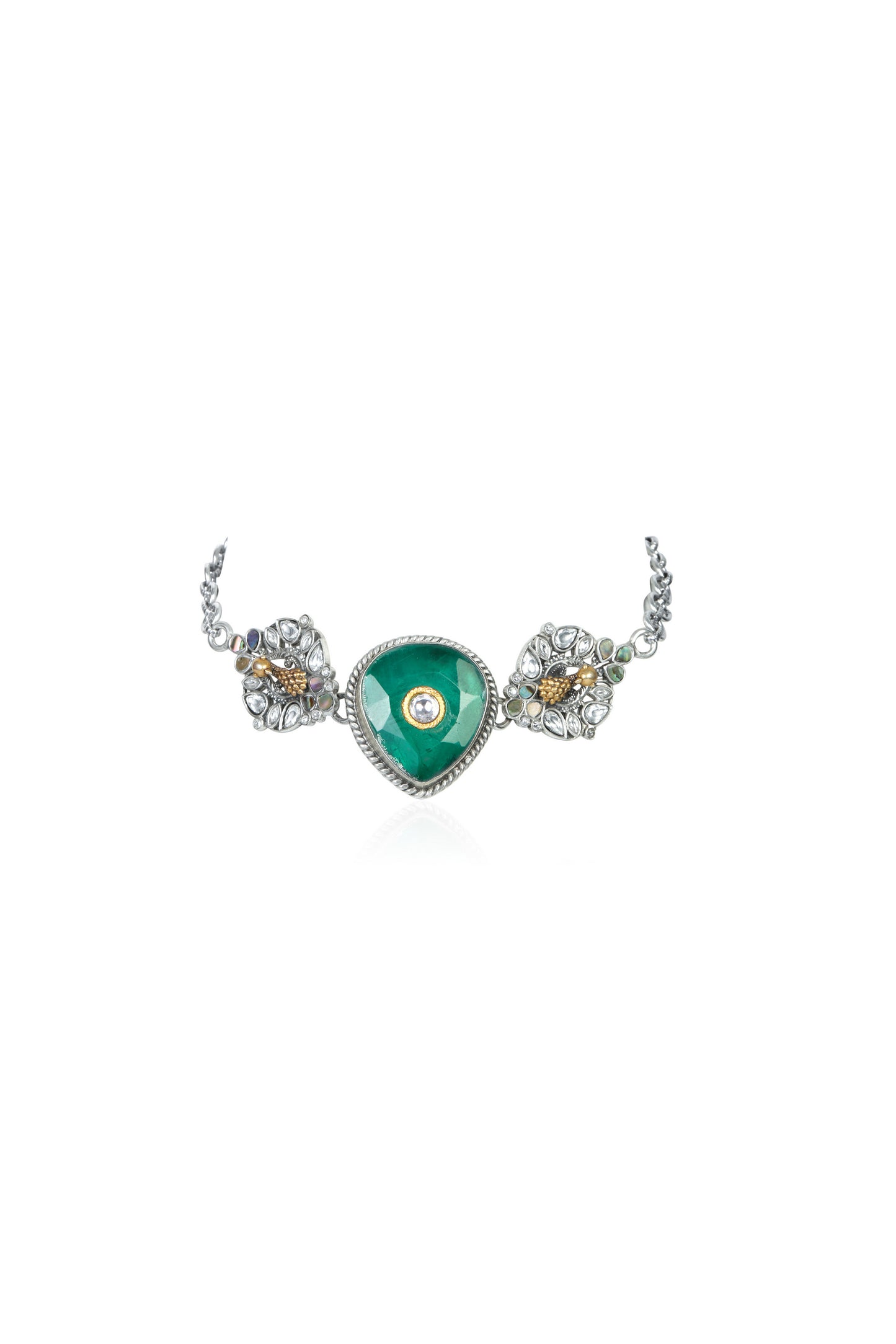 Silver Tone Necklace with Heart-Shaped Emerald, Gold Accent, and Floral Gem Details