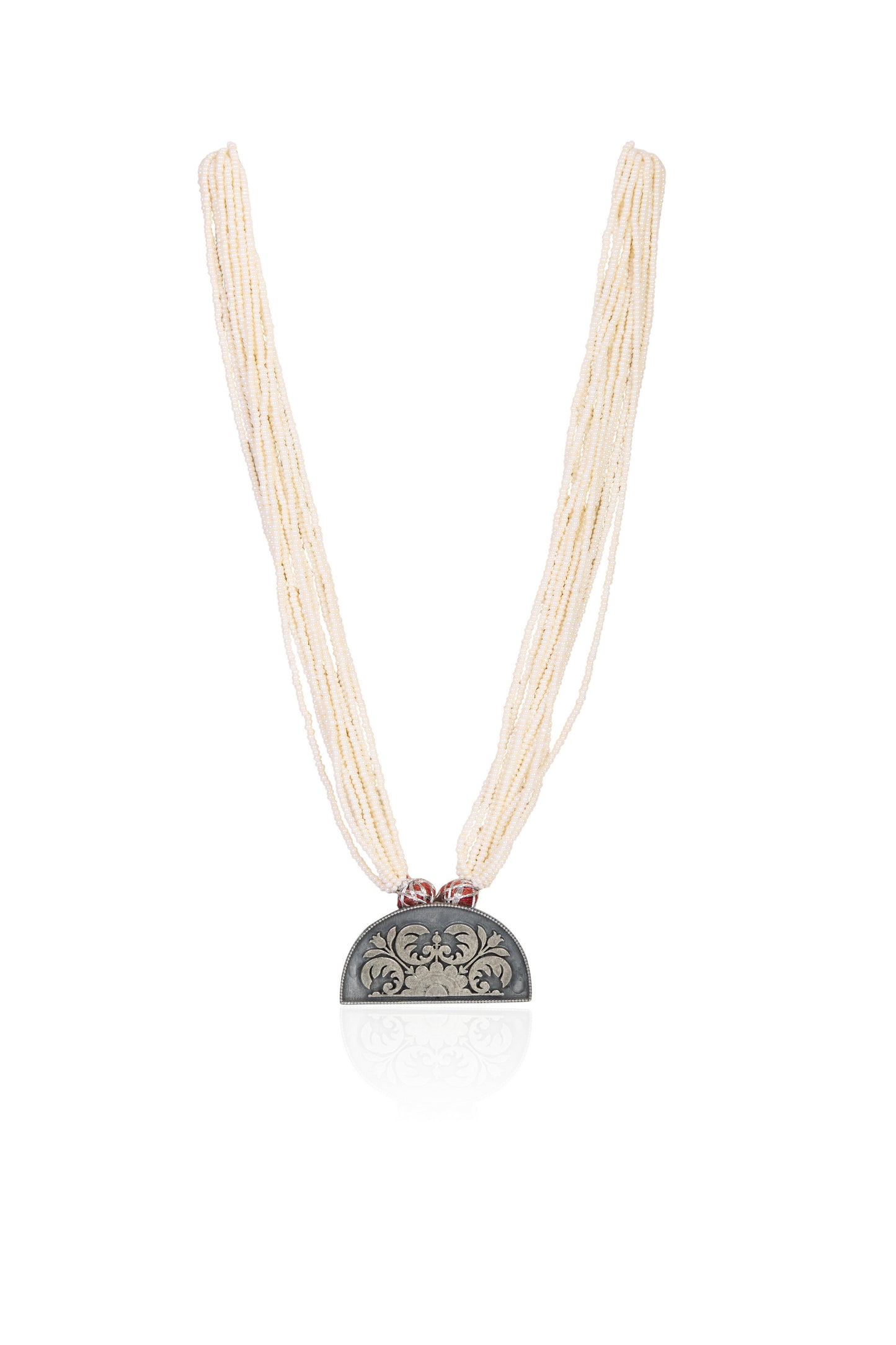 Delicate Silver Necklace with Oxidized Fan Pendant Bird Motifs and Pearl Strands