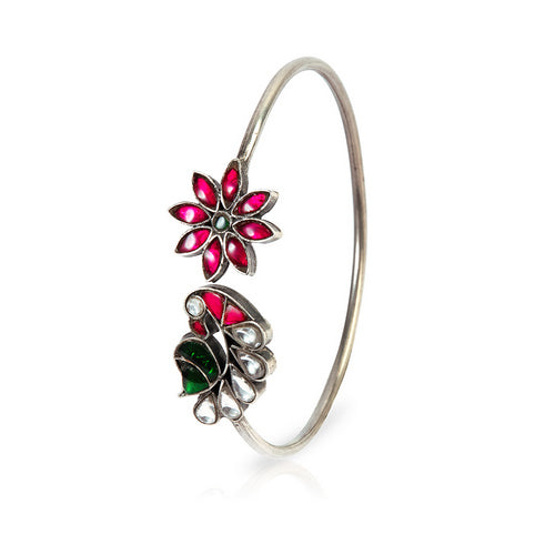 Unique Silver Tone Bangle with Ruby, Emerald, and White Gem Details