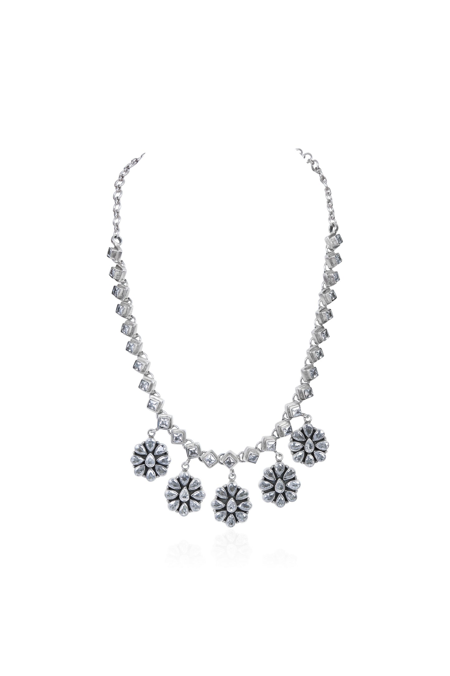 Delicate Silver Necklace with Square Link Chain and Dangling White Crystal Flower Charms