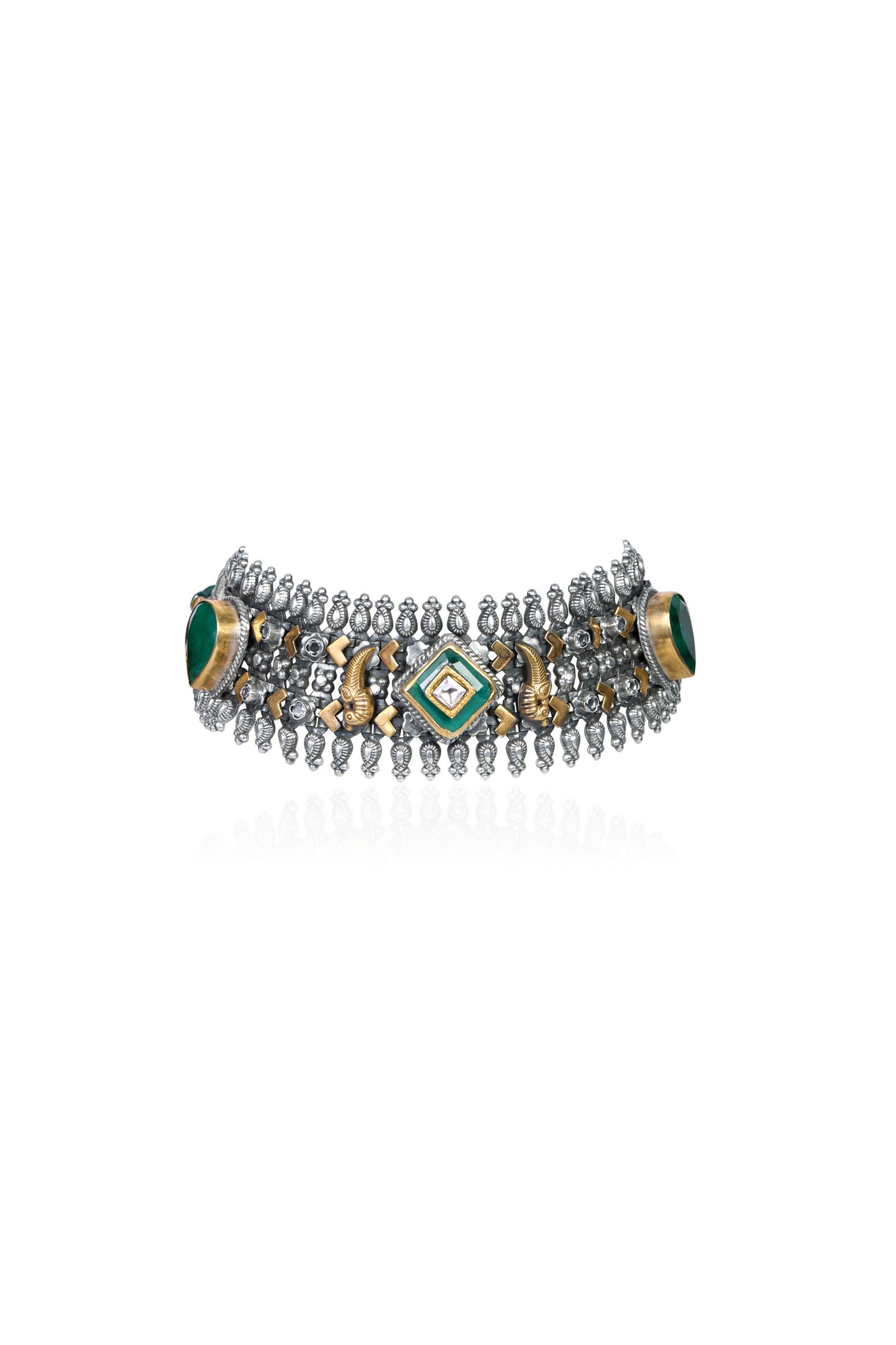 Traditional Silver and Gold Choker with Emerald Ends, Peacock Design, and White Crystal Highlights