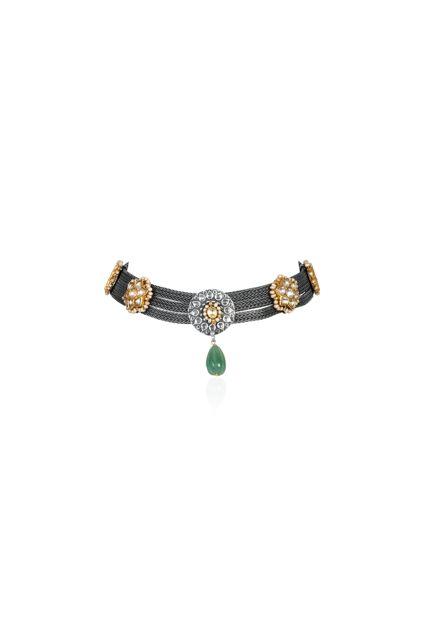 Silver and Gold Tone Choker with Emerald Drop and Pearl Accented Rosettes