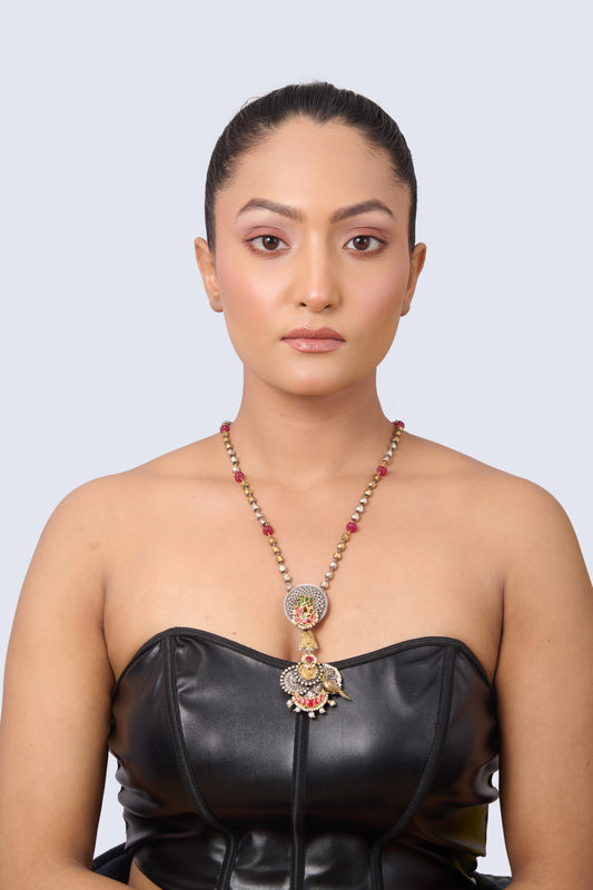 Two-Tone Long Necklace with Ruby, Pearl, Emerald, and Enamel Pendant with Bird