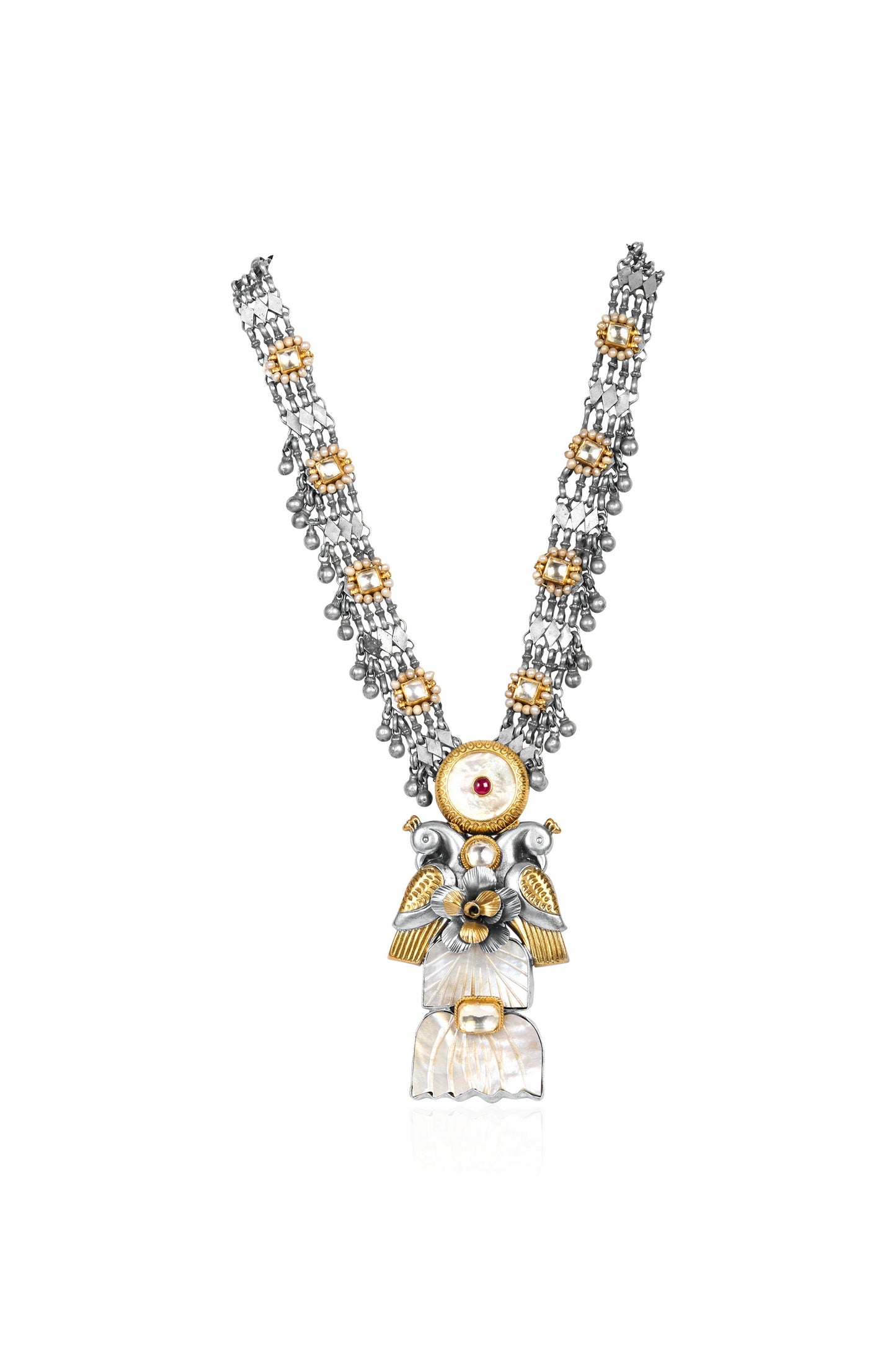 Two-Tone Silver and Gold Long Necklace with Pearls, Ruby, and Bird Motifs
