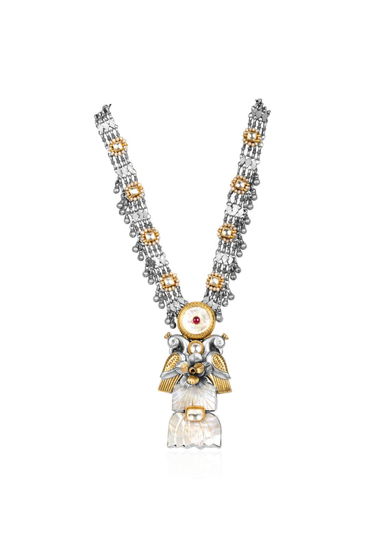 Two-Tone Silver and Gold Long Necklace with Pearls, Ruby, and Bird Motifs