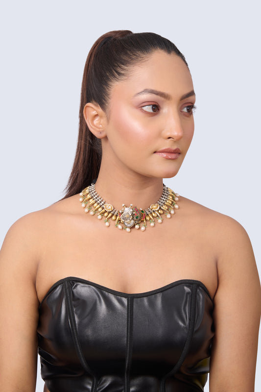 Silver and Gold Choker with Enamel Figures, Peacocks, Pearls, and Green Gems