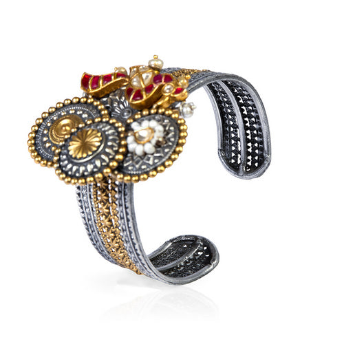 Oxidized Silver and Gold Cuff Bracelet with Rubies, Pearls, and Kundan Accents