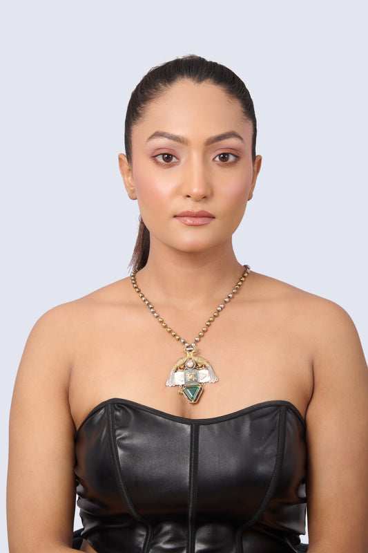 Silver and Gold Pendant Necklace with Triangular Emerald, Rectangular Aquamarine, and White Pearls