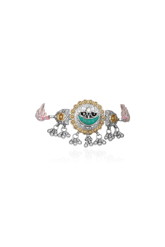 Unique Silver and Gold Choker with Turquoise Inlay Ruby Details and Amethyst Wings