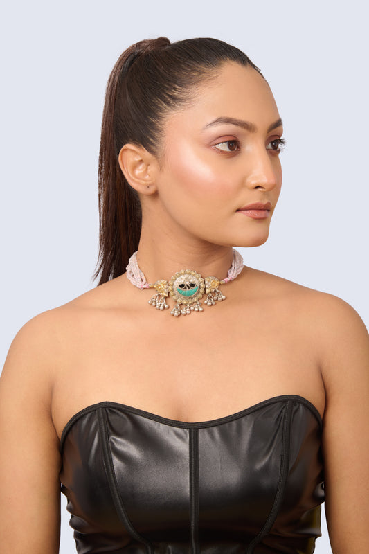 Unique Silver and Gold Choker with Turquoise Inlay, Ruby Details, and Amethyst Wings